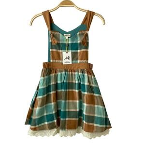 Finding Foxtale Perfect Knot Dress Girls 7 Green Plaid Lace Trim Cottagecore NWT
